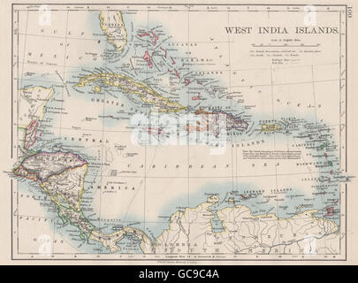 WEST INDIA isole. Caraibi Lucayas Caribbee Cuba. JOHNSTON, 1897 mappa vecchia Foto Stock