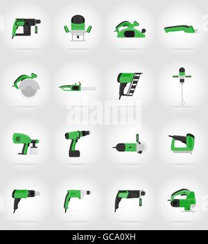 Utensili elettrici per la costruzione e la riparazione delle icone piatta illustrazione vettoriale isolato su sfondo Illustrazione Vettoriale