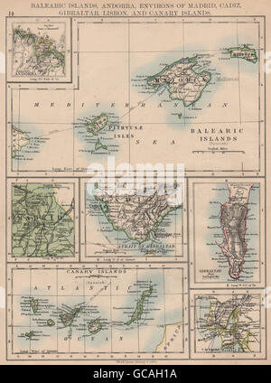 IBERIA. Baleari Canarie Gibilterra Andorra Madrid Lisbona. JOHNSTON, 1897 Mappa Foto Stock
