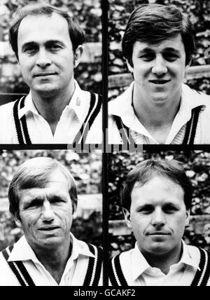 Membri della squadra di cricket della contea di Middlesex (in alto a sinistra-a destra) Phil Edmonds e Keith Brown (in basso a sinistra-destra) Clive Radley e Keith Tomlins Foto Stock