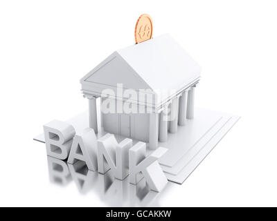 3D renderer immagine. Bank building con denaro moneta. Isolato sullo sfondo bianco. Foto Stock