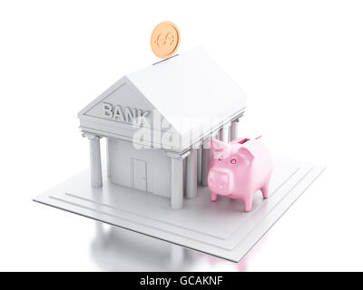 3D renderer immagine. Bank building con denaro moneta e rosa salvadanaio. Isolato sullo sfondo bianco. Foto Stock