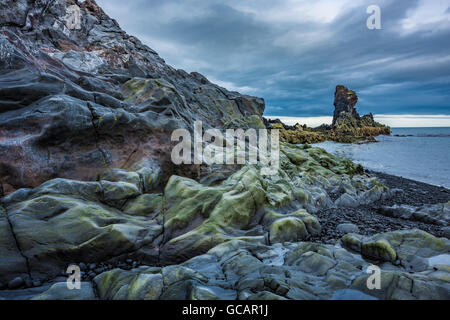 Lava formazioni di roccia presso la spiaggia di Djupalonssandur ai piedi del vulcano Snaefellsjokull, Islanda Foto Stock
