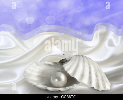 Abstract sfondo illustrato con singola perla nel guscio di ostrica su raso bianco e blu cielo bokeh di fondo Foto Stock