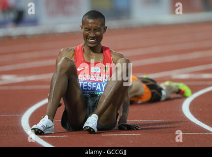 Amsterdam, Paesi Bassi. 09 Luglio, 2016. La Germania Homiyu Tesfaye reagisce dopo l'uomo 1500m finale al Campionato Europeo di Atletica presso lo Stadio Olimpico di Amsterdam, Paesi Bassi, 09 luglio 2016. Foto: Michael Kappeler/dpa/Alamy Live News Foto Stock