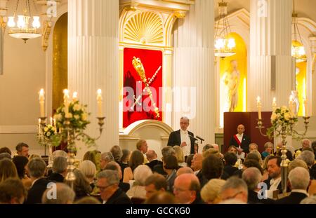 Lord Cancelliere e giustizia segretario Michael Gove parla durante la cena di Sua Maestà, Giudici ospitato dal Sindaco della città di Londra, Jeffrey Mountevans, presso la Mansion House nel centro di Londra. Foto Stock