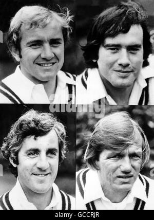 Membri della squadra di cricket della contea di Middlesex (in alto a sinistra) Graham Barlow e Tim Lamb, (in basso a sinistra a destra) Mike Brearley e Clive Radley Foto Stock