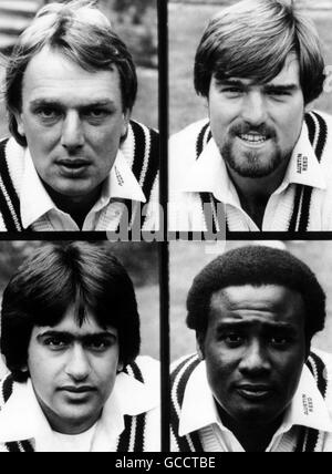 Membri del team Middlesex County Cricket (In alto a sinistra a destra) Paul Downton e Mike Gatting (In basso a sinistra a destra) Rajesh Maru e Wayne Daniel Foto Stock