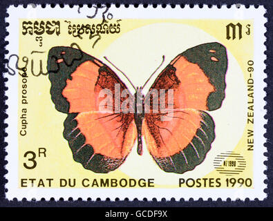 GROOTEBROEK ,I PAESI BASSI - MARZO 20,2016 : un timbro stampato dalla Cambogia, mostra butterfly, circa 1990. Foto Stock