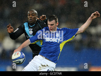 Calcio - Coca-Cola Football League Championship - Cardiff City / Leicester City - Cardiff City Stadium. Paul Quinn di Cardiff e Dany N'Guessan di Leicester City lottano per la palla Foto Stock