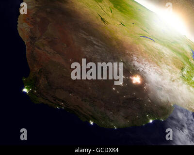 Il Sud Africa nella regione in orbita terrestre nello spazio durante il sunrise. 3D illustrazione con altamente dettagliata pianeta realistico superficie. E Foto Stock