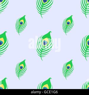 Modello senza cuciture con peacock giù su sfondo blu. Illustrazione Vettoriale