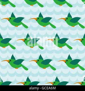 Modello senza cuciture con colibri sull onda striato sfondo blu. Illustrazione Vettoriale