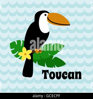 Cartoon carino Toucan sull onda blu sullo sfondo. Illustrazione Vettoriale