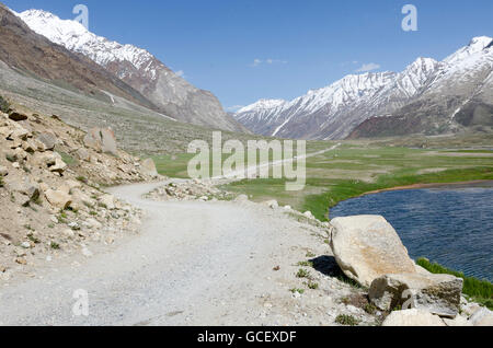 La strada attraverso il pascolo alto, Suru Valley, Ladakh, Jammu e Kashmir India Foto Stock