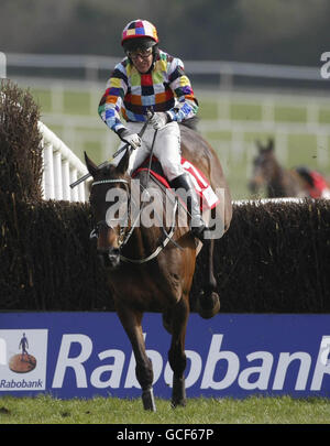 Chasing Cars guidato da Robbie Power salta gli ultimi per vincere il Motivatechallenge.com Novice Handicap Steeplechase durante il Punchestown Festival all'ippodromo di Punchestown, Dublino, Irlanda. Foto Stock