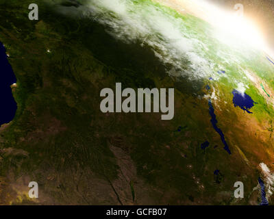 Repubblica democratica del Congo nella regione in orbita terrestre nello spazio durante il sunrise. 3D illustrazione con altamente realistica dettagliata p Foto Stock