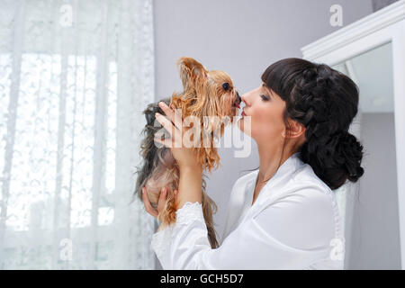 La ragazza tiene tra le sue braccia e bacia il Yorkshire terrier. Home pet. Pedigree cane. Funny animals. Foto Stock