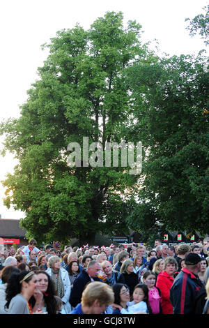 Corse di cavalli - Lingfield Racing and Music Night - Lingfield Park Racecourse. I Racegoers godono l'atmosfera come Abba Inferno si esibiscono per i fan dopo la corsa all'ippodromo di Lingfield Foto Stock