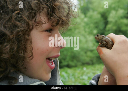 L'attore Daniel Roche di 10 anni, che gioca ben in BBC's Outnumered, tiene un rospo britannico al Trent Park a Cockfosters, Londra, mentre WREN (Waste Recycling Environmental Limited) assegna 2 milioni di premi a beneficenza della natura dal suo 10M Biodiversity Action Fund. Foto Stock