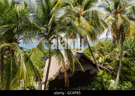 Laguna di Apoyo, Nicaragua - Giugno 2016. Le palme, acqua e bungalows a Selva Azul Resort Foto Stock