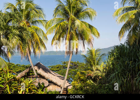 Laguna di Apoyo, Nicaragua - Giugno 2016. Palme e acqua a Selva Azul Resort Foto Stock