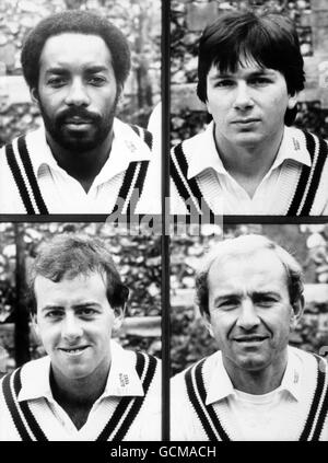Membri della squadra di cricket della contea di Middlesex (in alto a sinistra-a destra) Roland Butcher e Colin Metson (in basso a sinistra-a destra) Simon Hughes e Graham barlow Foto Stock
