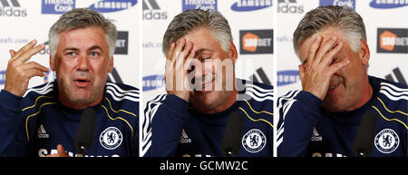 Calcio - Chelsea Press Conference - Cobham Training Ground. Foto composite del manager del Chelsea Carlo Ancelotti gesturing durante una conferenza stampa al Cobham Training Ground di Surrey. Foto Stock