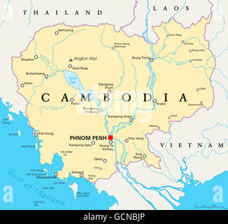 Cambogia mappa politico con capitale Phnom Penh, confini nazionali importanti città, fiumi e laghi. Regno in Indocina. Foto Stock