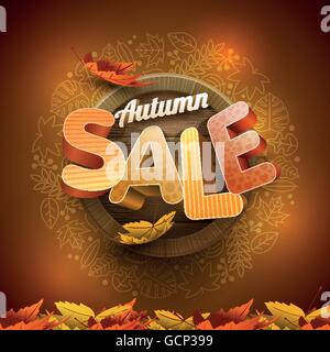 Vettore 3d'autunno vendita design con uno sfondo di legno e icona di foglia di telaio. Illustrazione Vettoriale