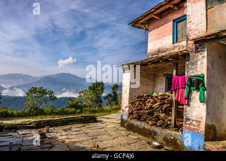 Nel cortile di una fattoria in Himalaya montagne vicino a Pokhara Foto Stock