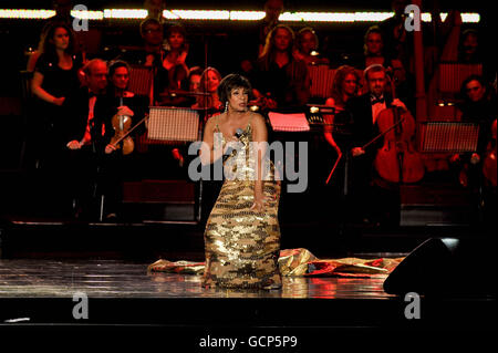 Dame Shirley Bassey al concerto Welcome to Wales presso il Millennium Stadium di Cardiff in vista della Ryder Cup. Foto Stock