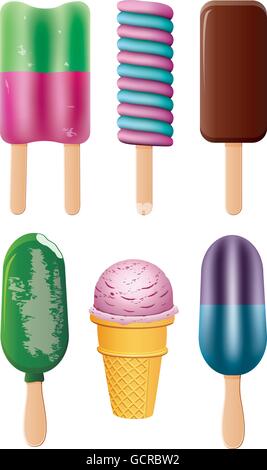 Set di vettore di coloratissimi banchi di frutta e cioccolata popsicles Illustrazione Vettoriale