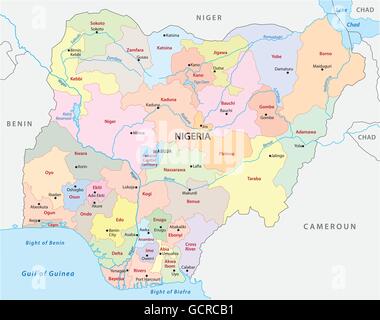 Vector politica e amministrativa di mappa della Repubblica federale della Nigeria Illustrazione Vettoriale