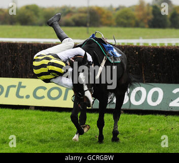 Barry Keniry cade da la Pantera Rosa in theBook on-line at Wetherbyracing.co.uk handicap Chase durante il giorno uno del bet365 Charlie Hall Meeting presso l'ippodromo di Wetherby, Wetherby. Foto Stock