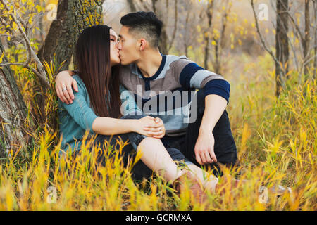 Una giovane coppia asiatica godendo un momento romantico insieme all'aperto in un parco in autunno e baciare ogni altro mentre è seduto sotto un albero Foto Stock