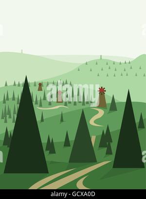 Paesaggio Astratto design con alberi verdi e colline, le strade e i mulini a vento, di tipo piatto. Vettore digitale dell'immagine. Illustrazione Vettoriale