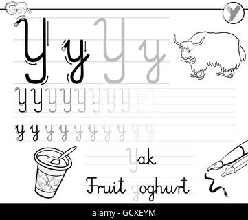 Bianco e Nero Cartoon illustrazione di abilità di scrittura pratica con la lettera Y Foglio di lavoro per i bambini Libro da colorare Illustrazione Vettoriale