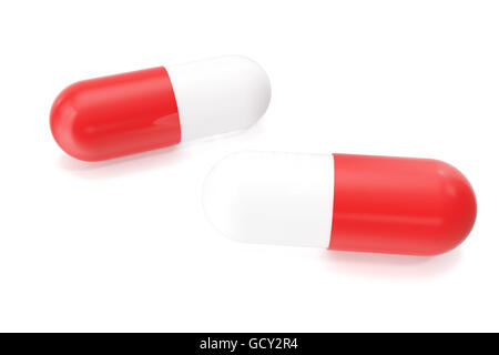 Due close-up capsule pillola isolato su bianco. 3d illustrazione Foto Stock