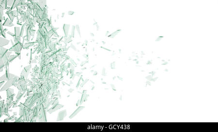 Abstract rotto vetro verde in movimento in pezzi isolati su sfondo bianco. 3d illustrazione Foto Stock