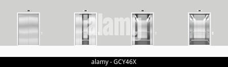 Set di apertura e di chiusura in metallo cromato ufficio edificio ascensore porte realistiche in 3d'illustrazione. Foto Stock