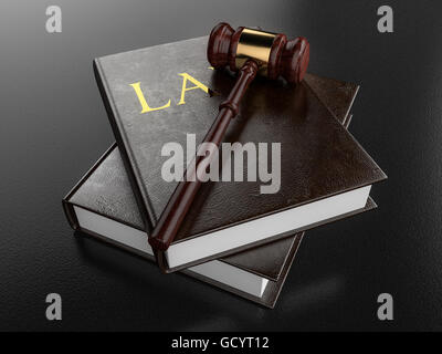 Martello di legno appoggiata su due libri di diritto davanti a uno sfondo scuro. 3D'illustrazione. Foto Stock