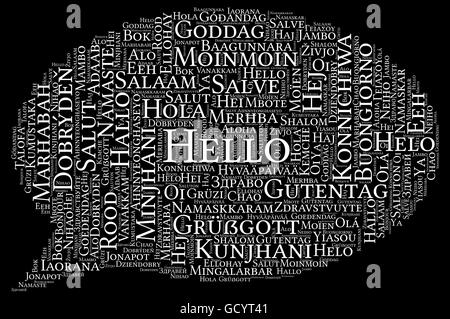 Hello Word cloud concetto in diverse lingue del mondo Foto Stock