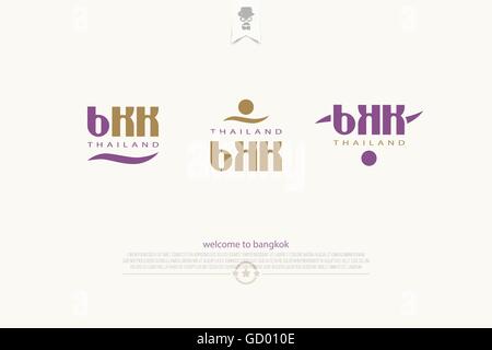 Set di Bangkok city logotipi isolati su sfondo bianco. caratteri vettoriali icone. Thailandia capitale simbolo del logo. Thai travel ag Illustrazione Vettoriale