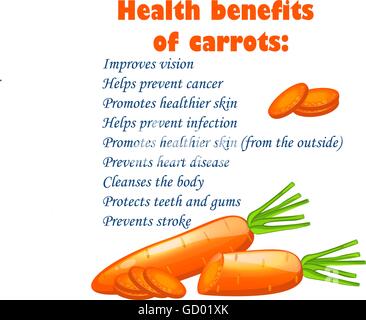 Cartoon carote guarisce vantaggi infographics con testo Illustrazione Vettoriale