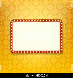 Luce brillante banner. Retrò cornice dorata con luci al neon. Affissioni con spazio per il testo su sfondo con royal pattern Foto Stock