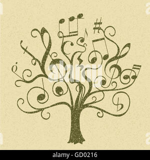 Disegnata a mano albero con ramoscelli ricci con note musicali e segni come foglie e fiori. astratta illustrazione concettuale sulla musica Foto Stock