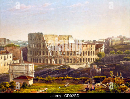 Colosseo, Roma. Xix secolo vista del Colosseo di Roma. Attacco con la puntasecca da un daguerrotype da Noël Paymal Lerebours, 1842. Foto Stock