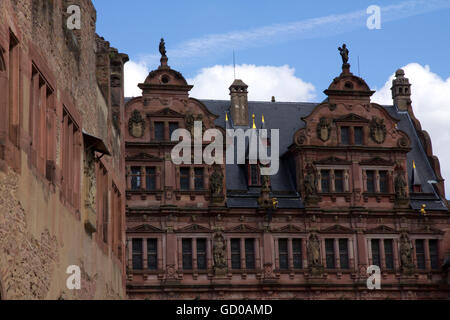 Una magnifica pietra arenaria rossa rovina appollaiato a 300 piedi sopra la valle del Neckar, Heidelberg Castle è stato a casa per la monarchia del Palatinato Foto Stock