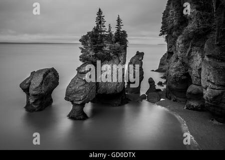 Una lunga esposizione in bianco e nero del vaso rocce, parte di Hopewell rocce in New Brunswick, Canada. Foto Stock